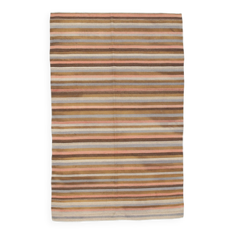 5x7 Salmon & Brown Striped Handmade Kilim Rug, 142x225Cm