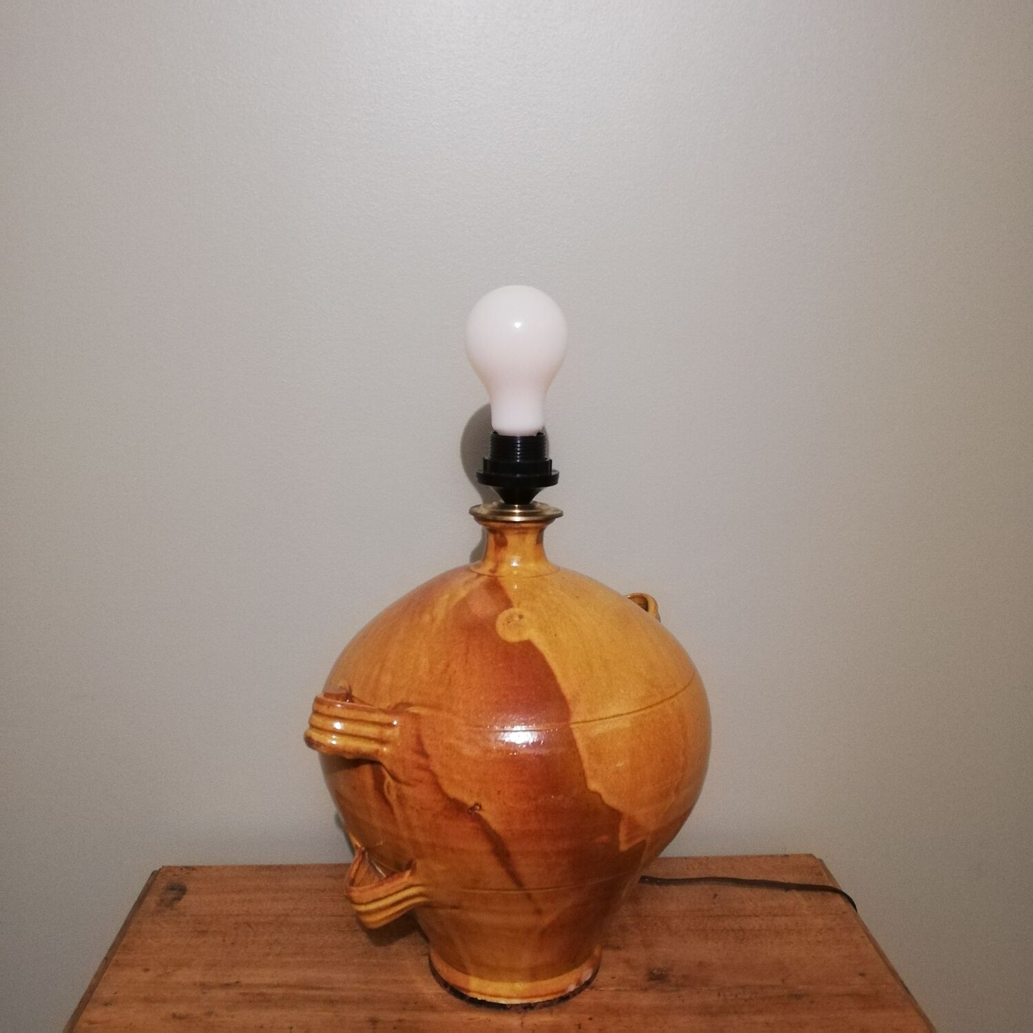 Vintage glazed stoneware lamp with hand-painted lampshade