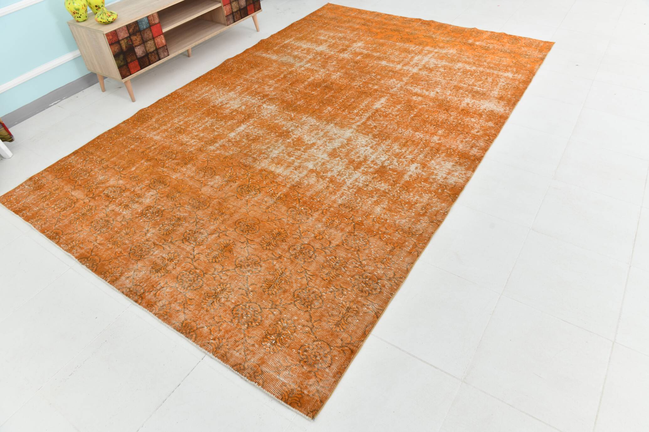 Tapis Vintage Orange Ocre Patiné, Style Bohème Chic