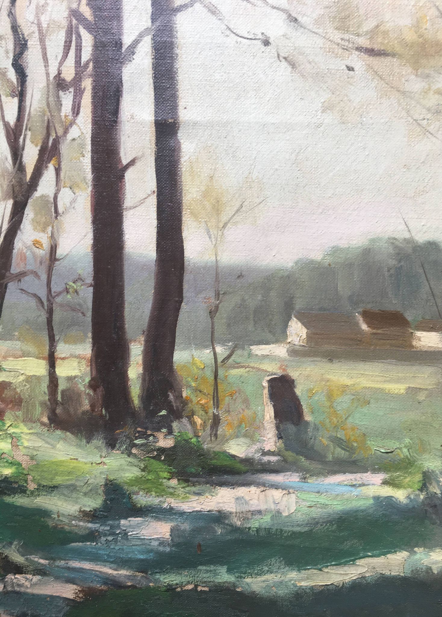 Tableau HST "Paysage de sous bois", sentier ensoleillé en forêt