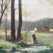 Tableau HST "Paysage de sous bois", sentier ensoleillé en forêt