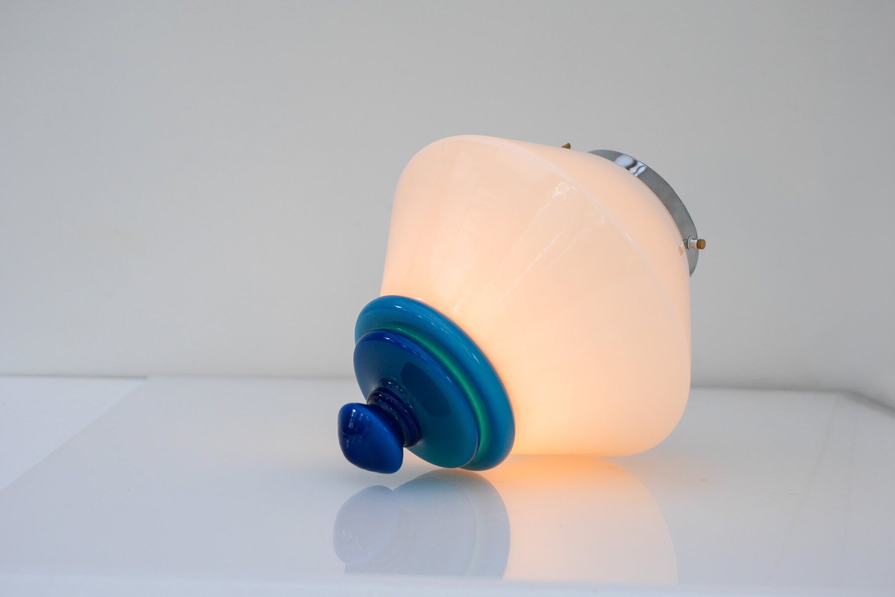 Scandinavian Art Deco milk glass pendant light with azure blue details, 1930s