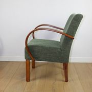 Fauteuil vintage Art Déco en bois courbé et tissu vert olive