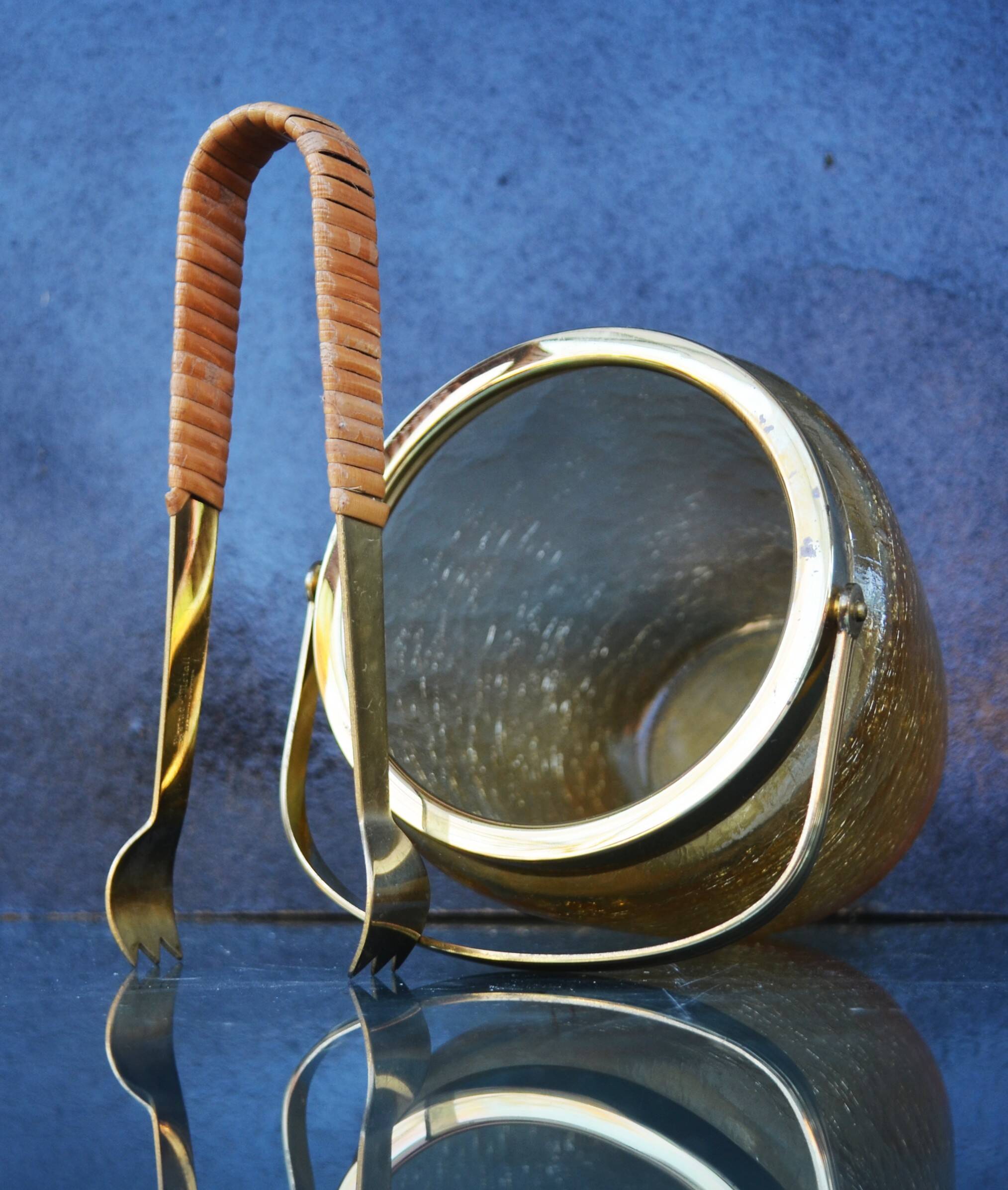 Mid Century Crackle Amber Glass Ice Bucket WMF With Ratan Handle