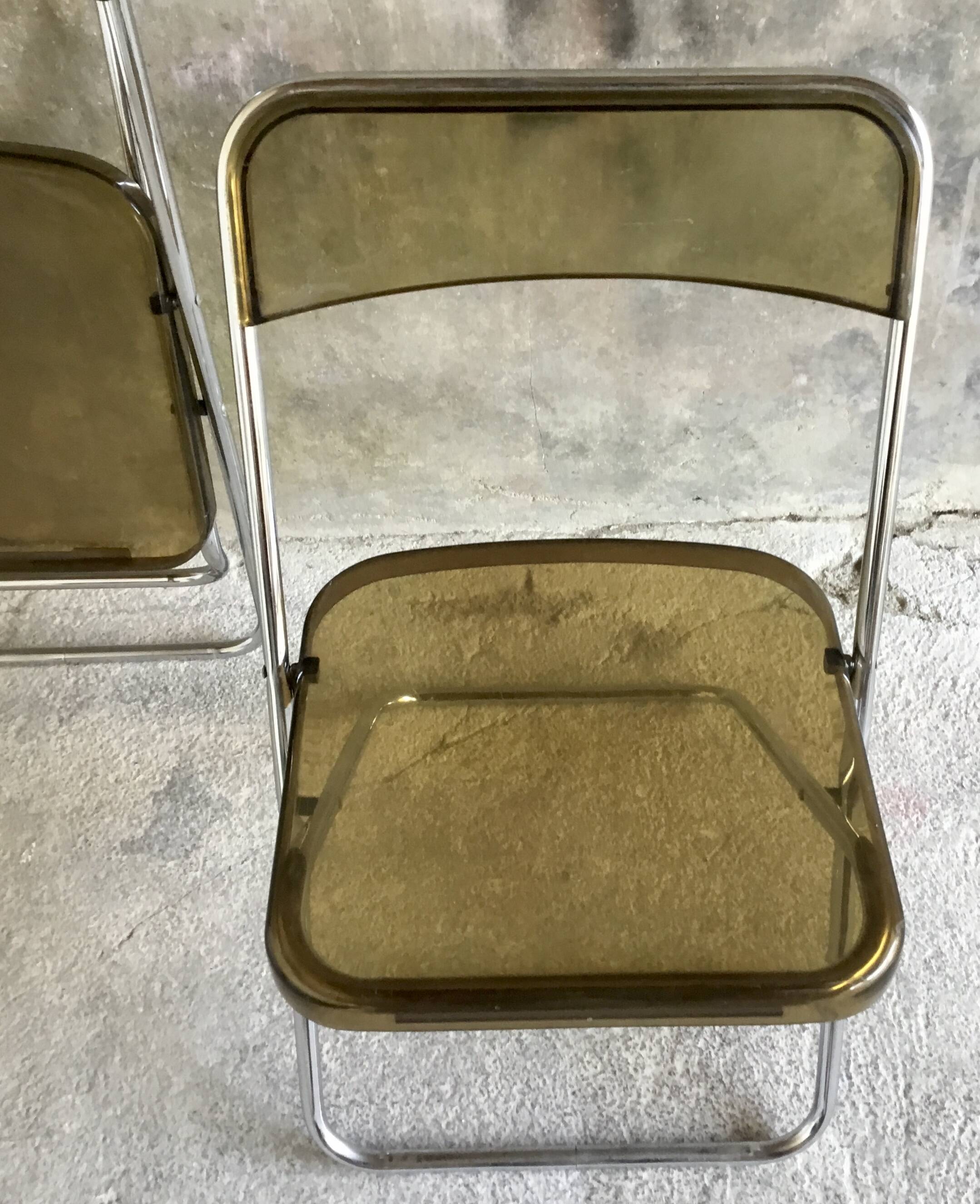 Pair of folding plexiglass and chrome metal chairs - space-age design 1970