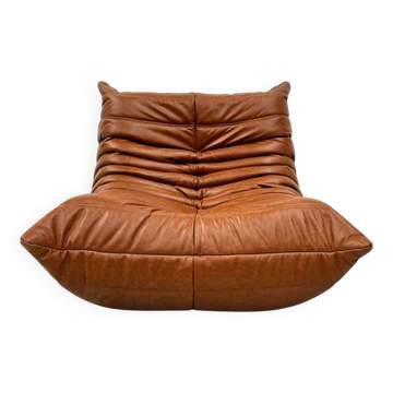 Togo Chair in Cognac Leather attributed to  Michel Ducaroy for Ligne Roset.