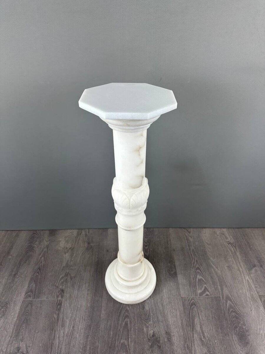 Carved White Marble Column, Mid-20th Century