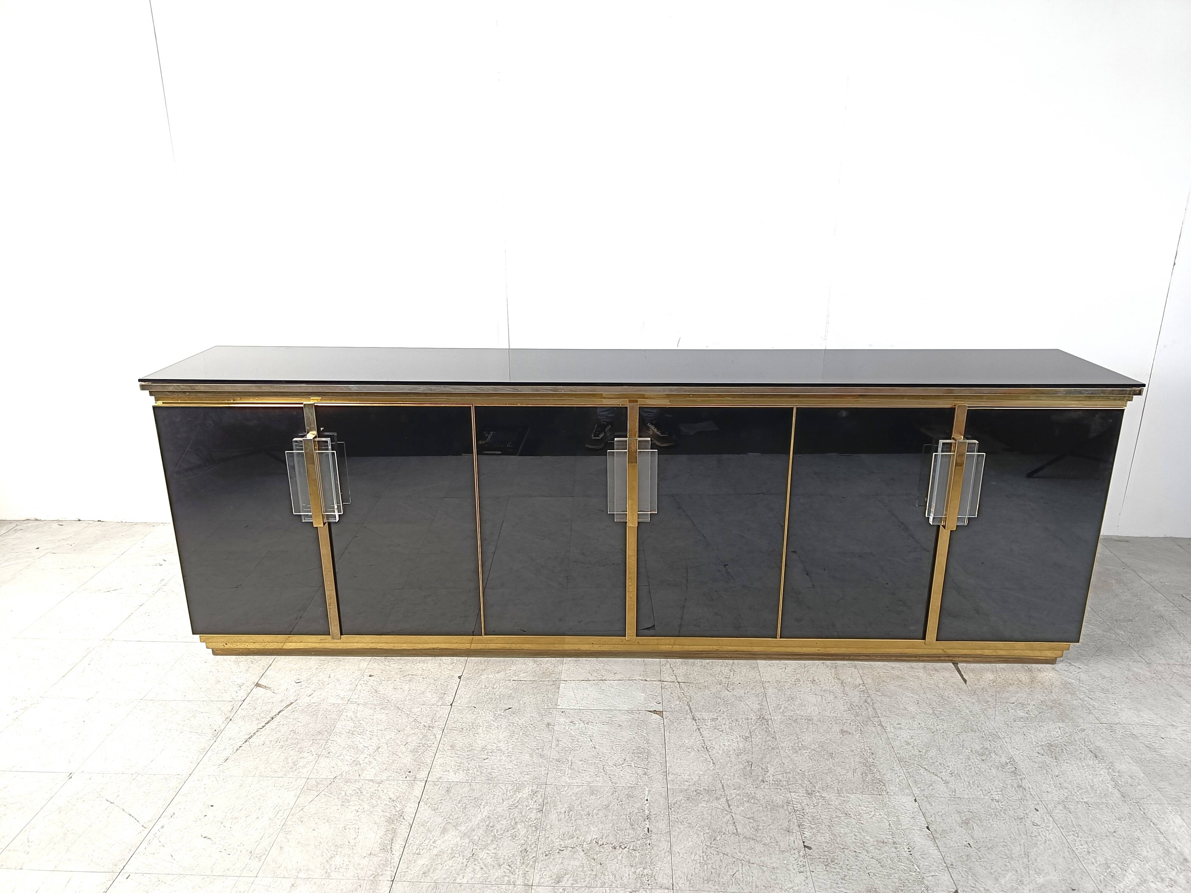 Vintage Black Lacquered and black glass credenza, 1980s
