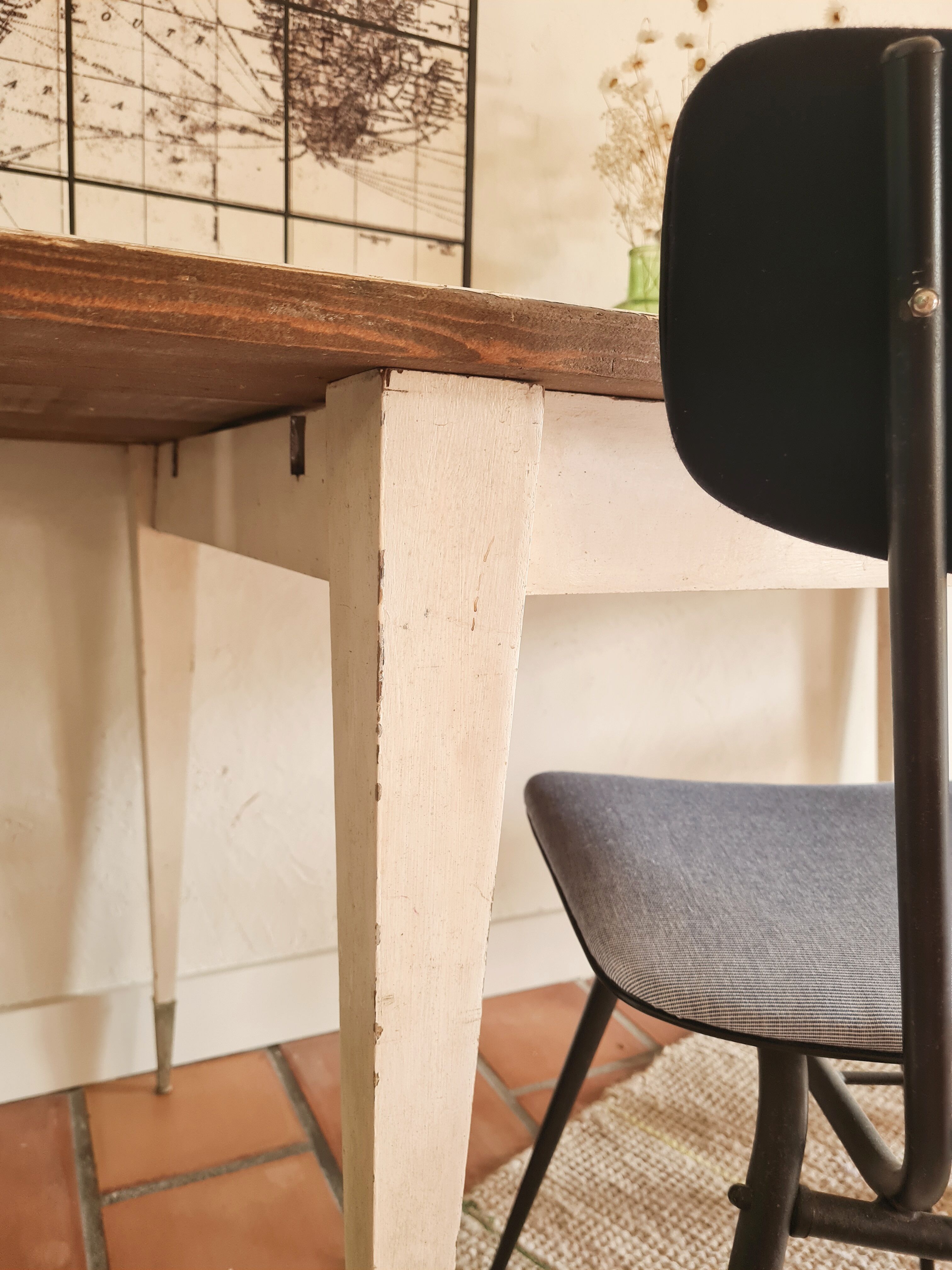 Old farmhouse table metal compass base