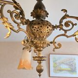 Antique Art Nouveau lustre in gilded bronze with glass pâte de verre tulips signed Muller.