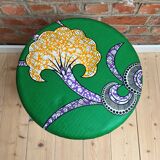 Tabouret vintage en rotin - tissu wax africain