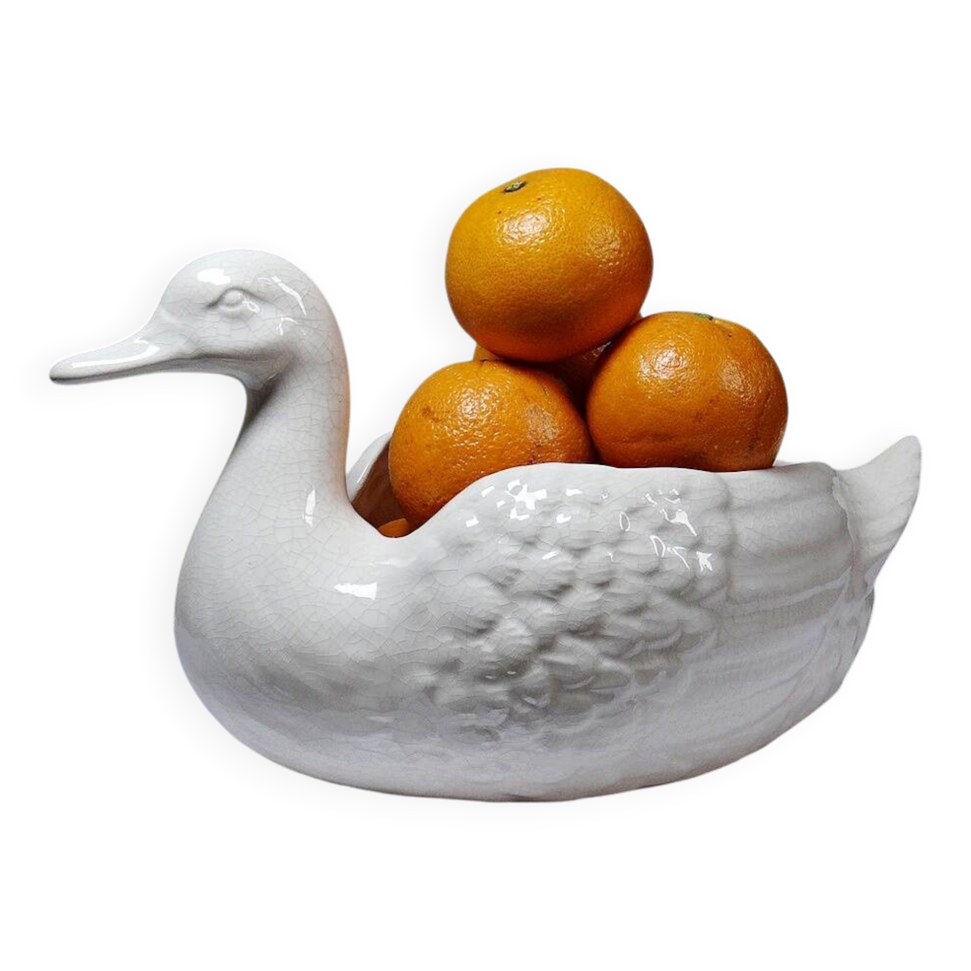 Cache pot/Coupe canard en faïence craquelée beige vintage