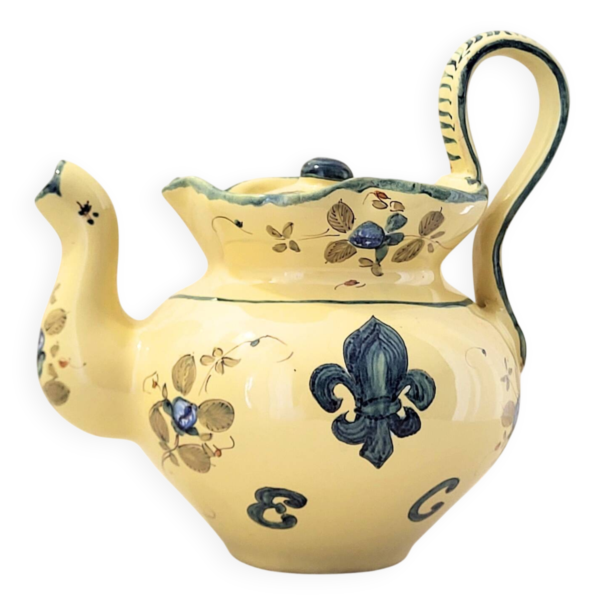 Vintage Martres-Tolosane teapot in yellow earthenware with fleur-de-lis decoration