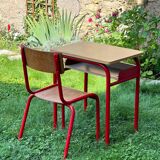 Vintage school table and chair in wood and metal