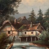 Oil on canvas landscape by a river and mountains in the distance, late 19th century