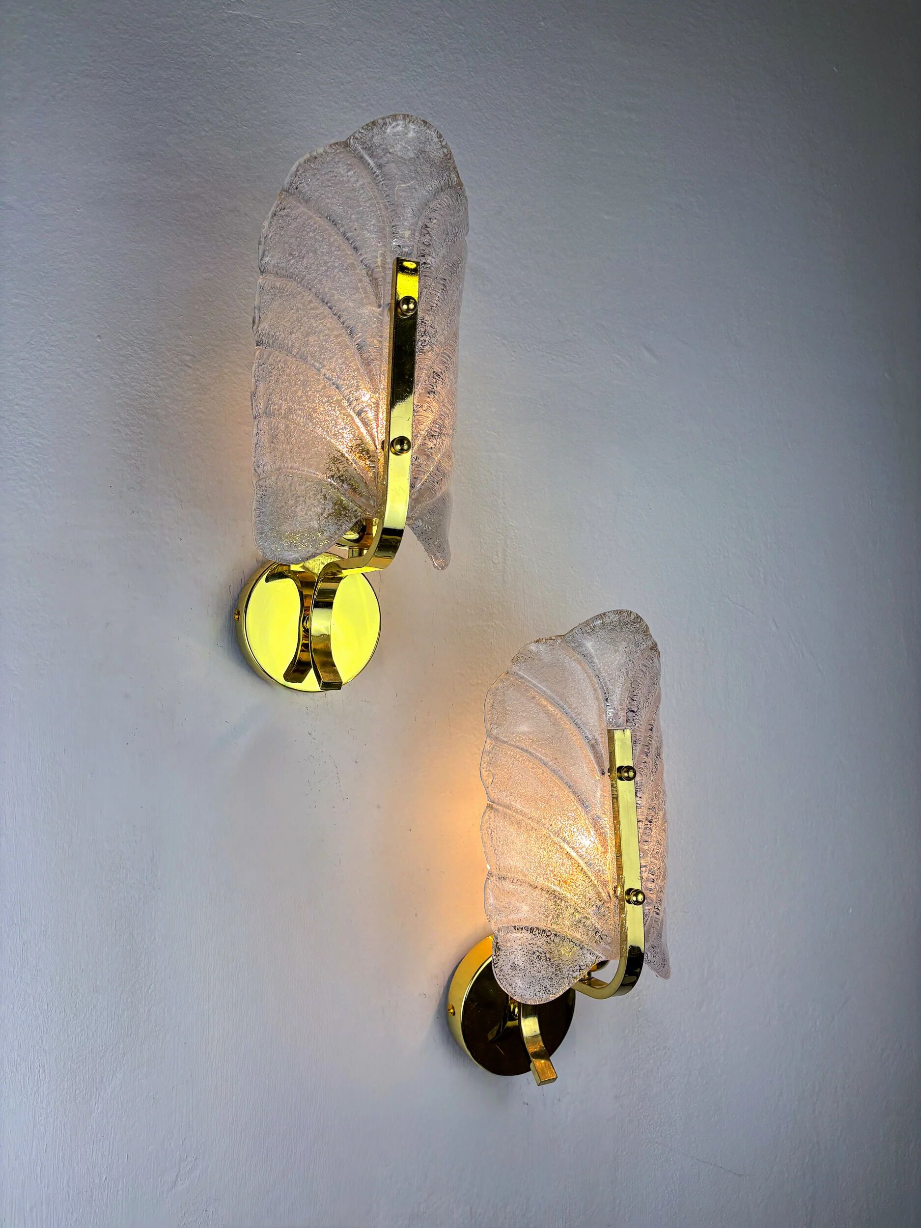 Pair of Murano frosted leaf sconces, textured glass & gilt details, circa 1970s