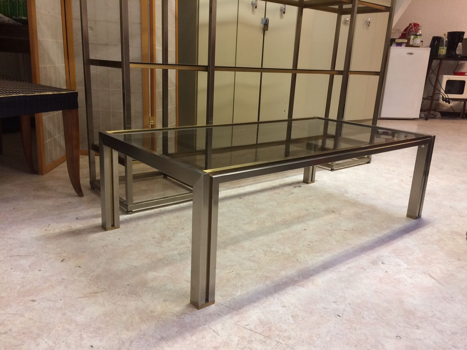 Coffee table with square tubular structure and smoked glass - 1970