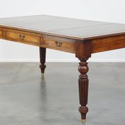 Large writing desk with green leather top, elegant legs and 3 English style drawers