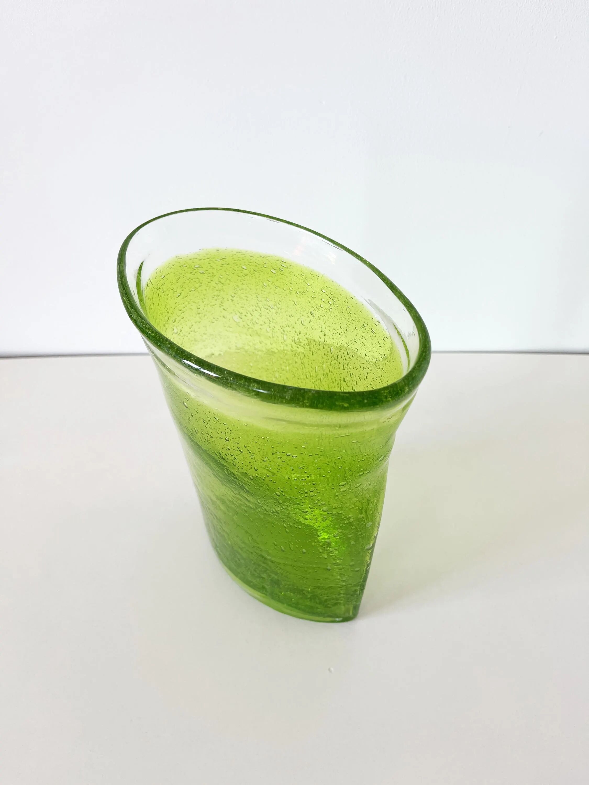 Large vintage green lemon bubble blown glass vase