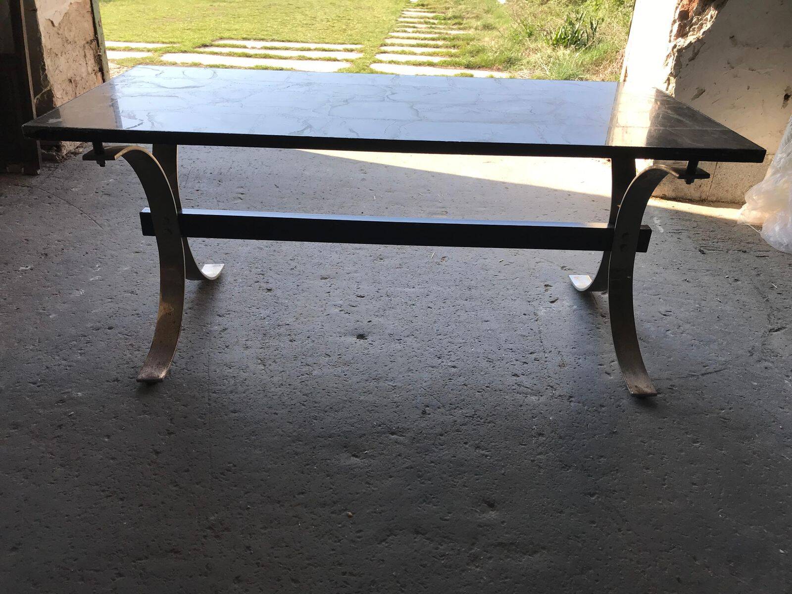 Mid-century brown marble coffee table with silver chrome legs from the 1950s.