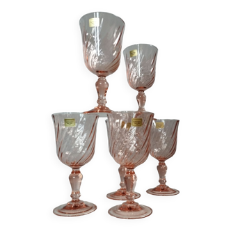 6 stemmed glasses rosaline pink depression glass by Luminarc, 1970