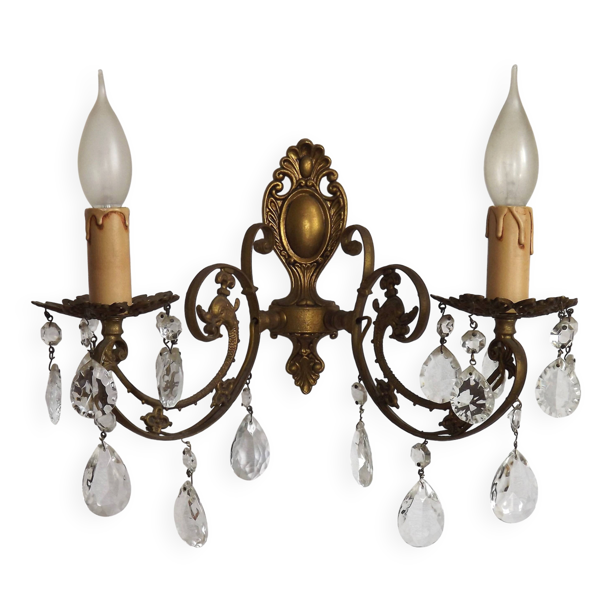 French Vintage Double Bronze & Crystal Wall Light - Stylized Dolphin Detail