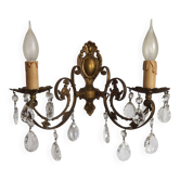French Vintage Double Bronze & Crystal Wall Light - Stylized Dolphin Detail