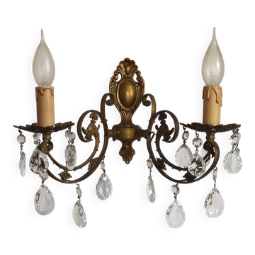 French Vintage Double Bronze & Crystal Wall Light - Stylized Dolphin Detail