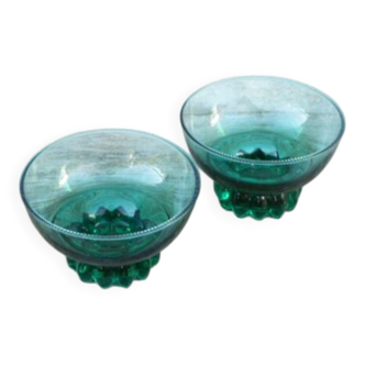 Set of 2 dark green crystal bowls.