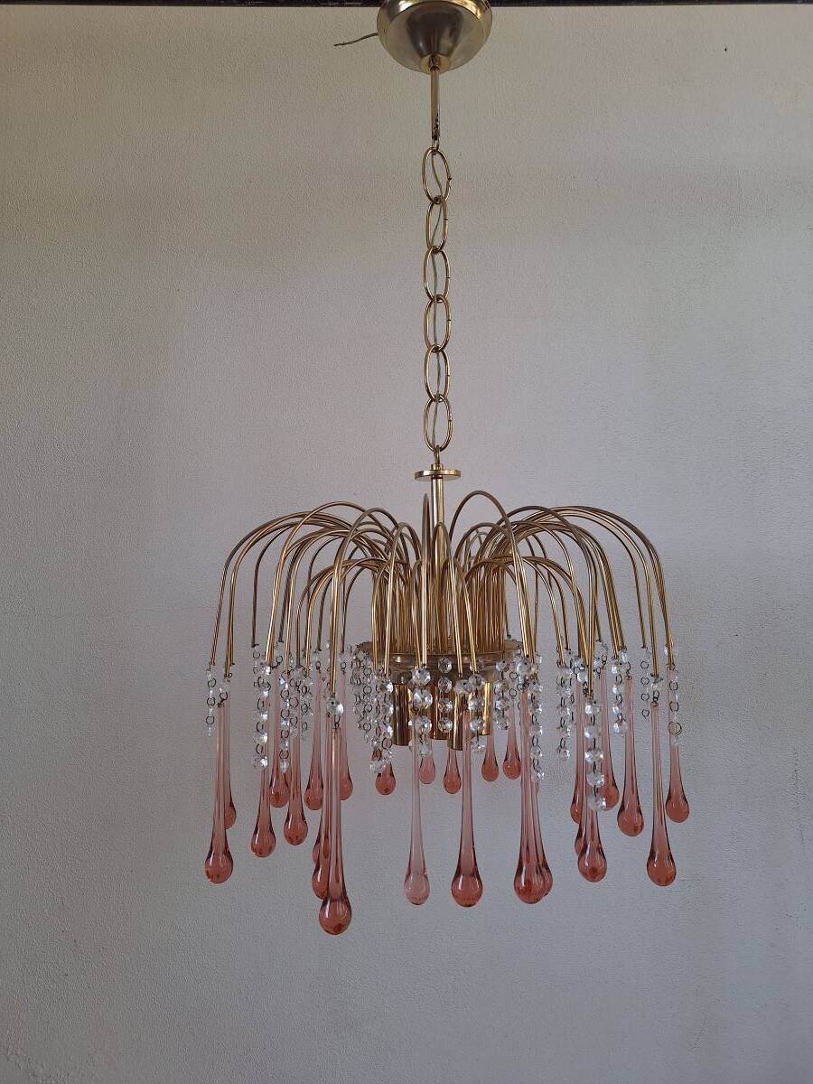 Lustre en cascade de grande taille en verre de Murano rose