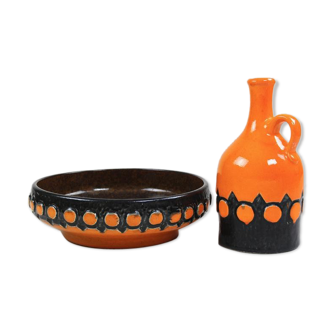 Pitcher and flat 2252 - 1701 vintage West German jasba ceramic pottery, brown, orange from the 70s