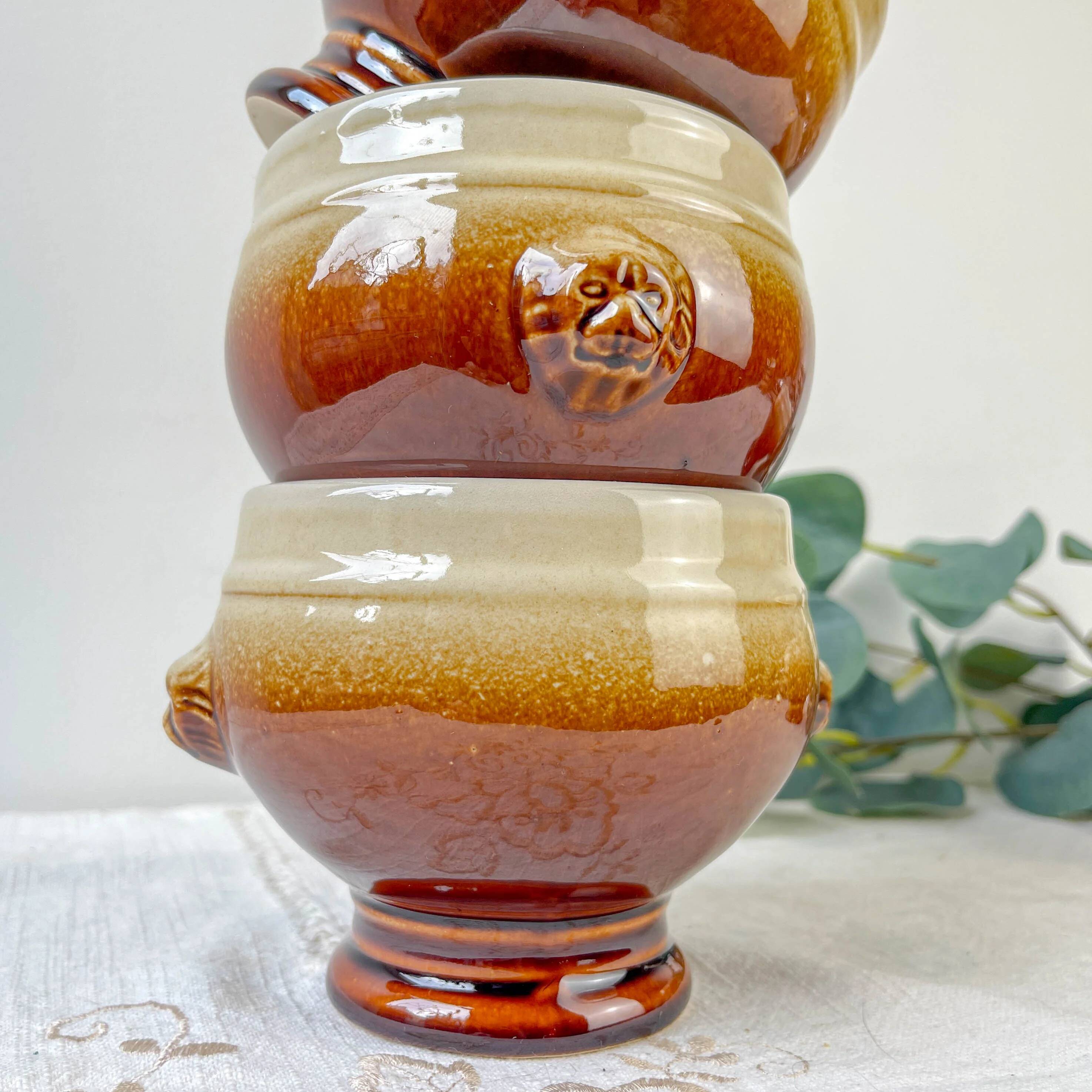 4 speckled two-tone lion head ceramic bowls – Émile Henry style – vintage stoneware made in France