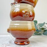 4 speckled two-tone lion head ceramic bowls – Émile Henry style – vintage stoneware made in France