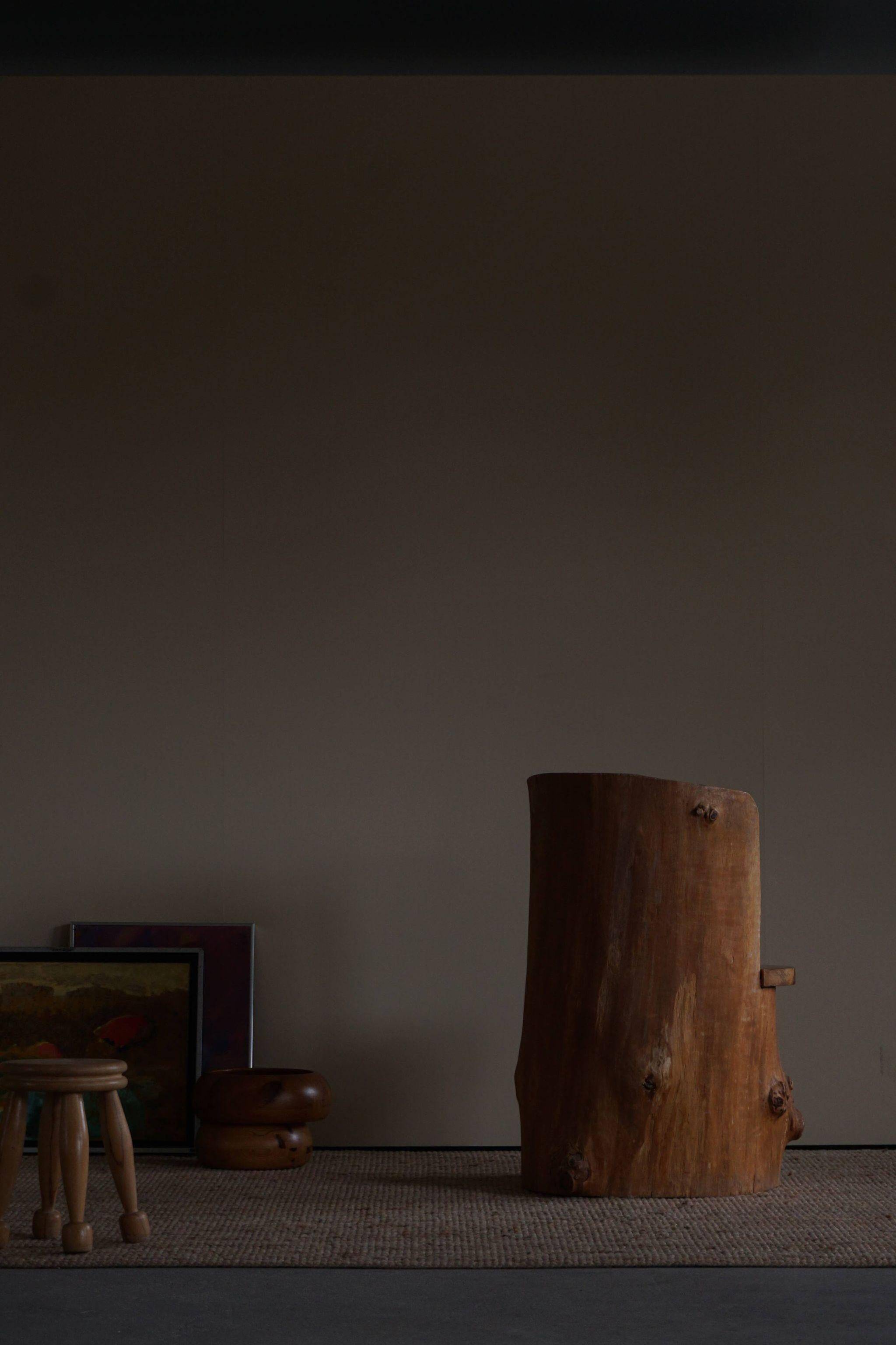 Swedish brutalist mid-century sculptural chair in solid pine.