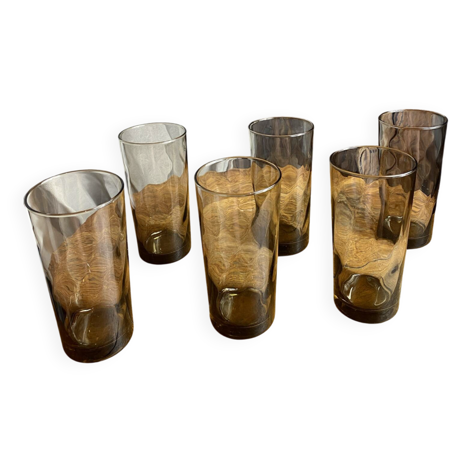 6 verres à eau en verre brun fumé, années 70