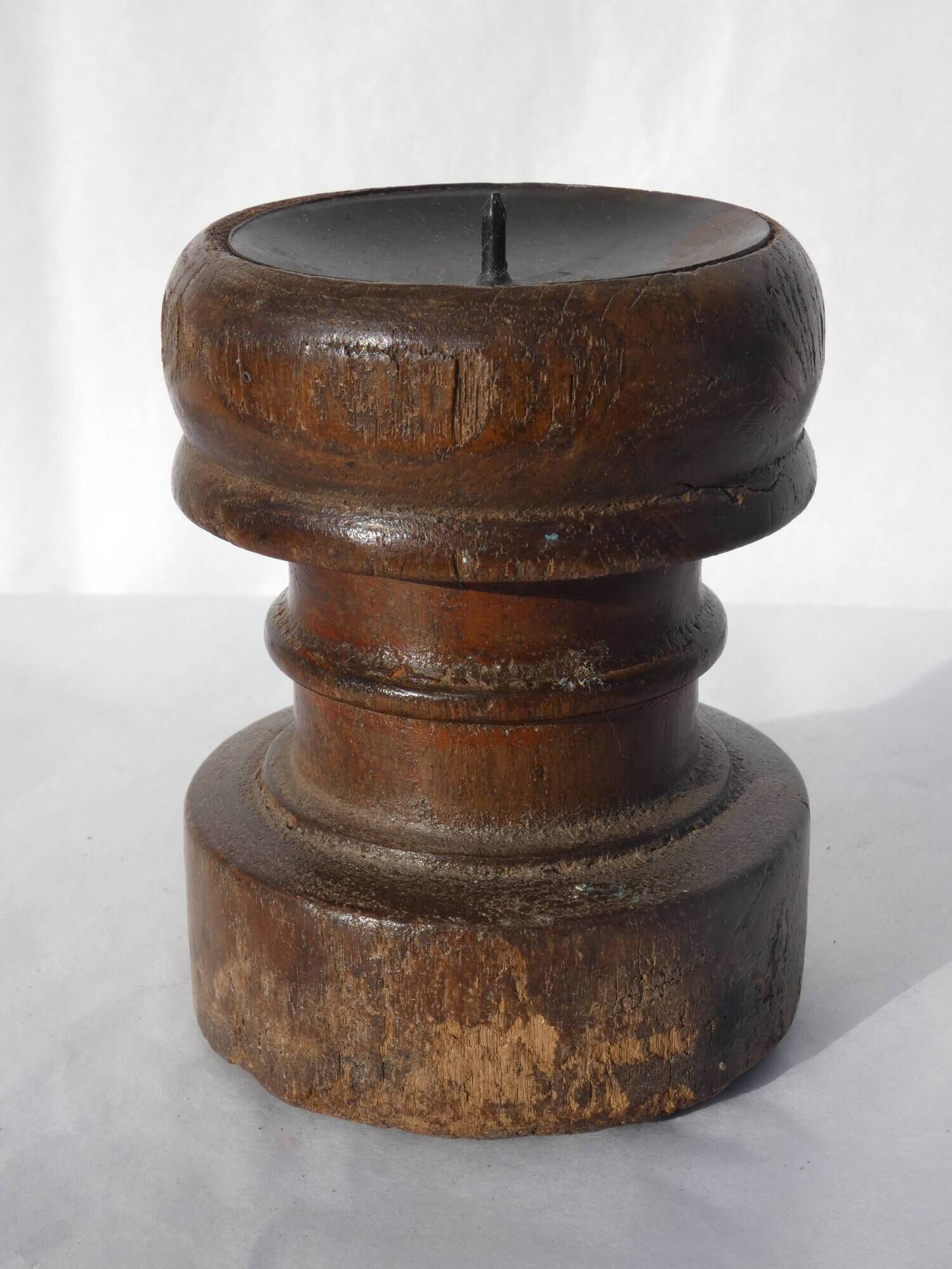 Candle holder round wood old teak patina of origin India