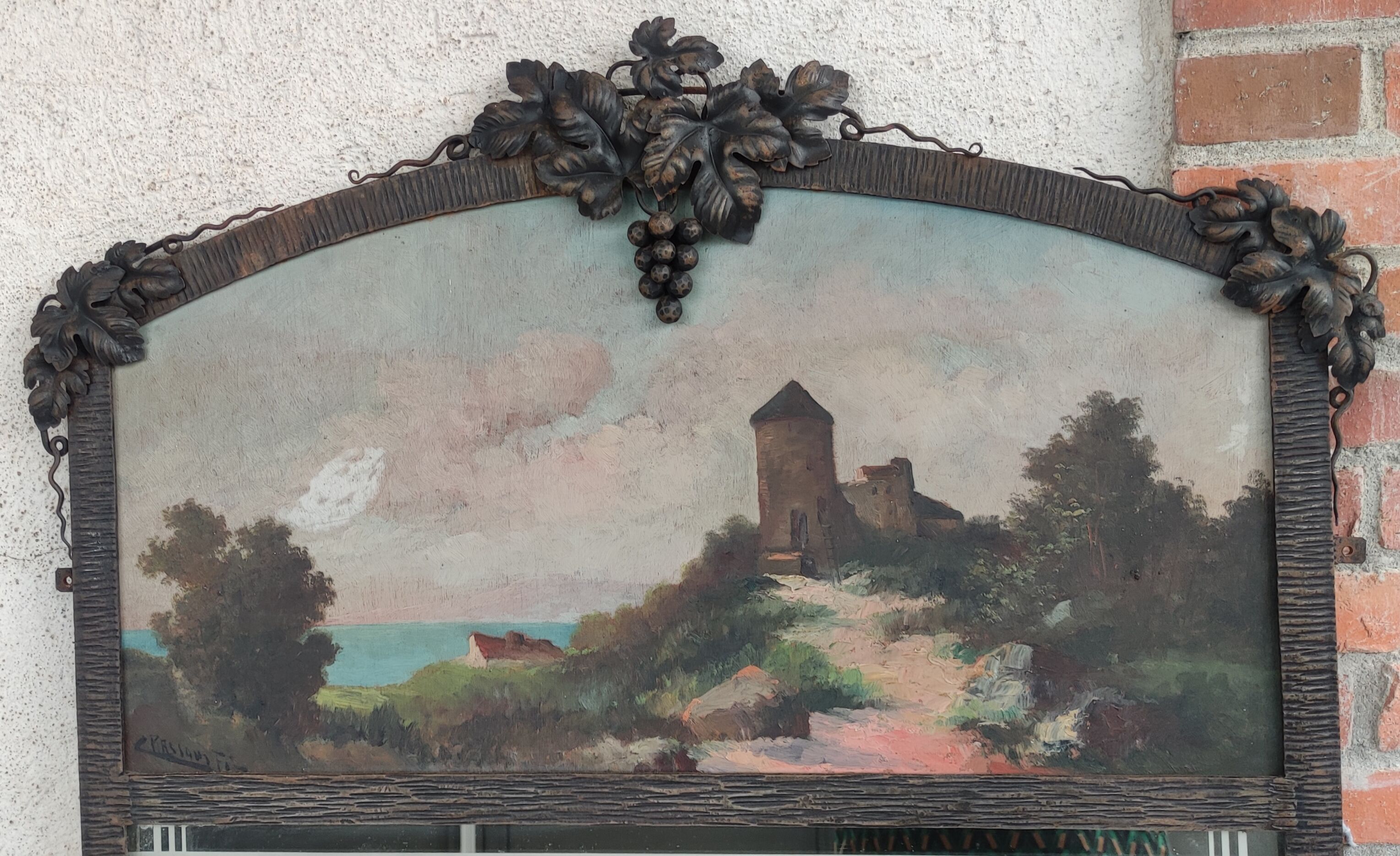 Old trumeau wrought iron decoration bunches grapes