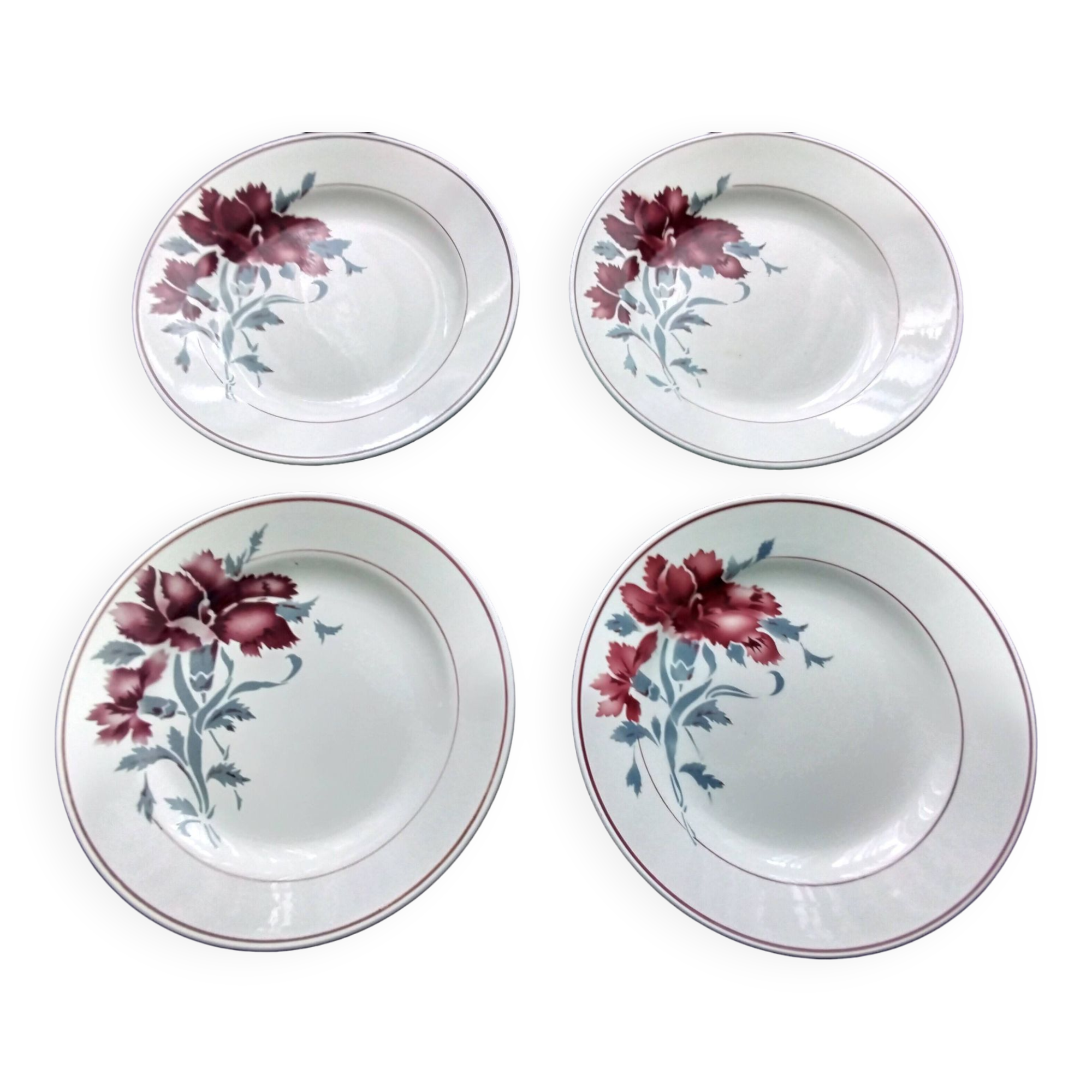 4 St Amand dinner plates with red carnation decoration