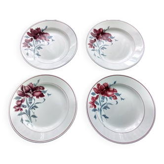 4 Assiettes plates  St Amand   Décor d'œillets rouges