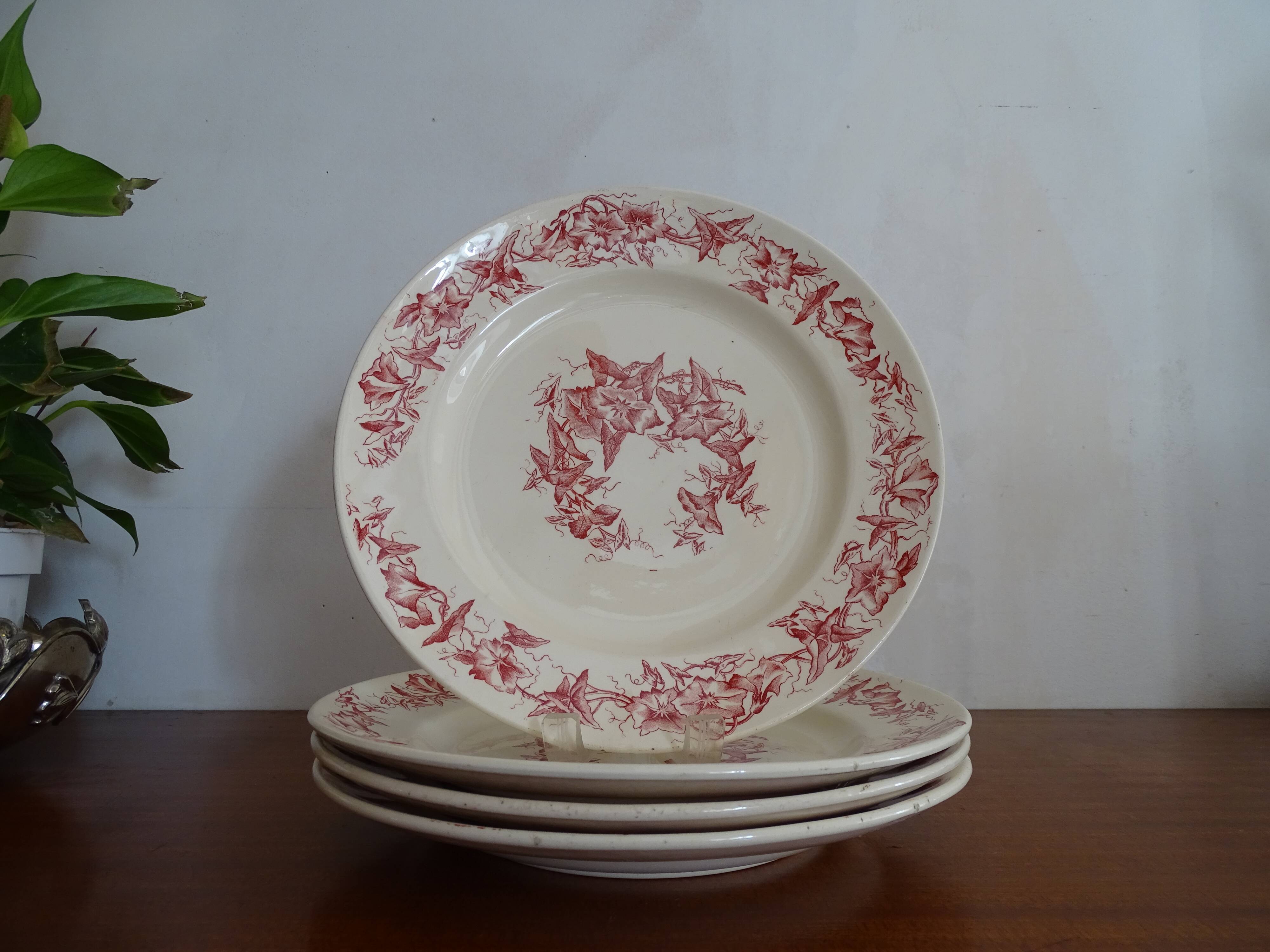 4 old faience plates Lonchamps a fleurs - Lierons - Terre de fer
