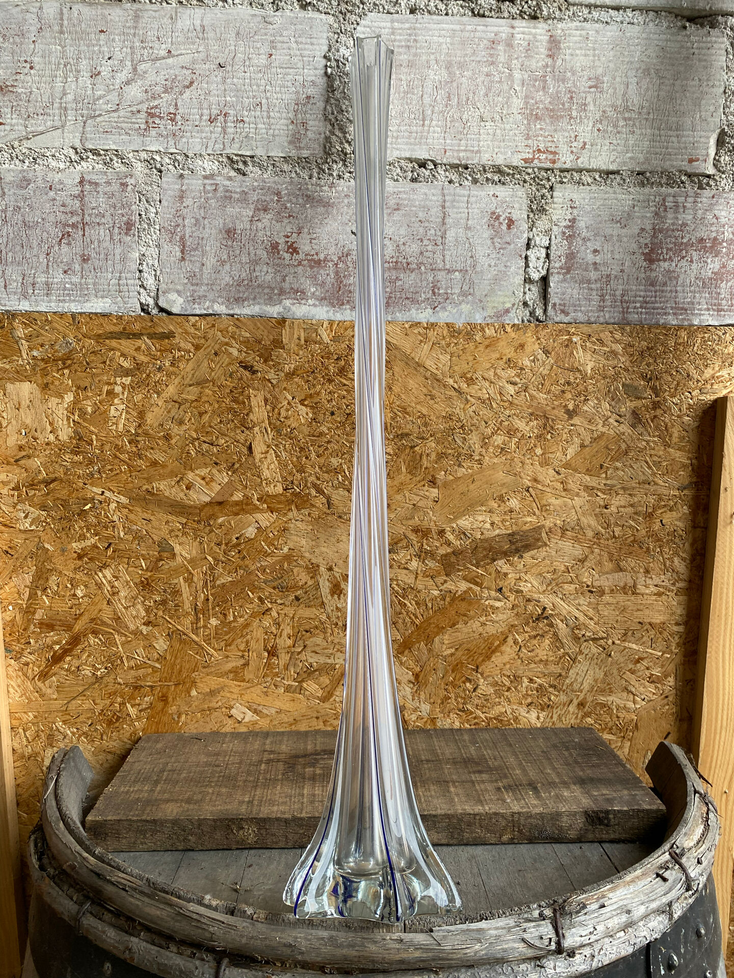Large Antique Glass Flower Vase + Vertical Blue Lines 80cm Vintage