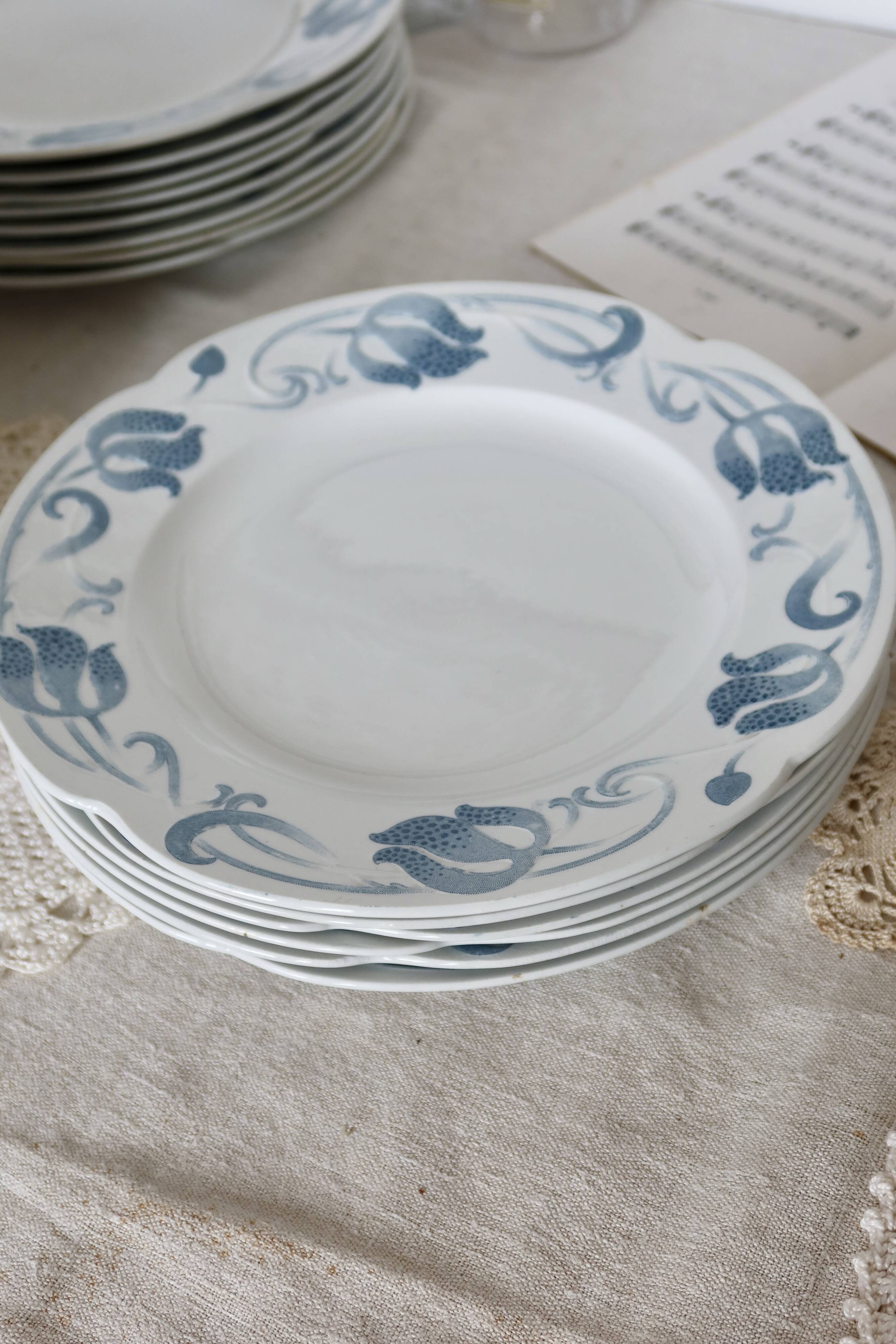 6 flat plates - Antique tableware set 82 pieces Sarreguemines earthenware Art Nouveau style