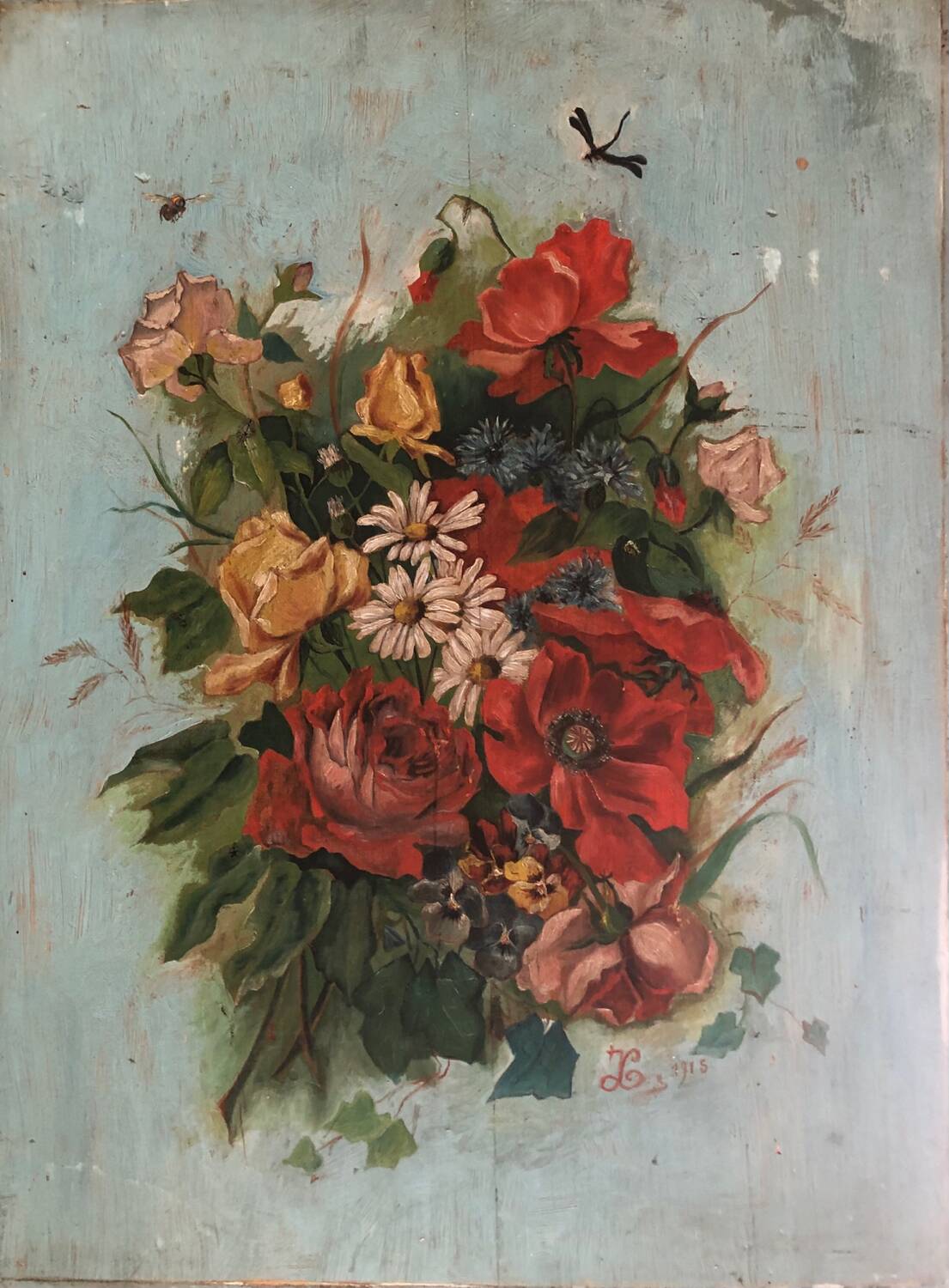 Tableau huile sur panneau bouquet début XXeme.