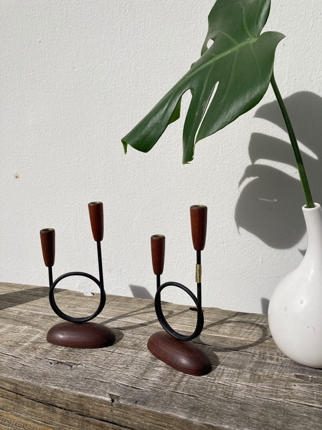 Pair of Scandinavian candlesticks in wood and metal Denmark