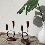 Pair of Scandinavian candlesticks in wood and metal Denmark