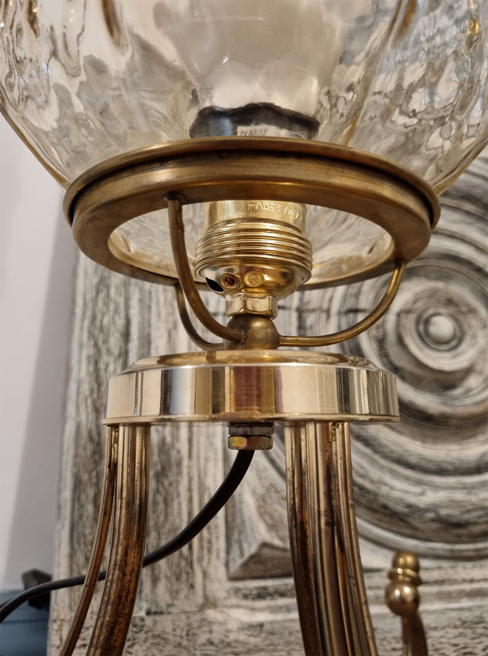 Table lamp, tripod, golden brass, vintage, 50s