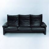 Maralunga sofa in brown black leather by Vico Magistretti for Cassina, 1970
