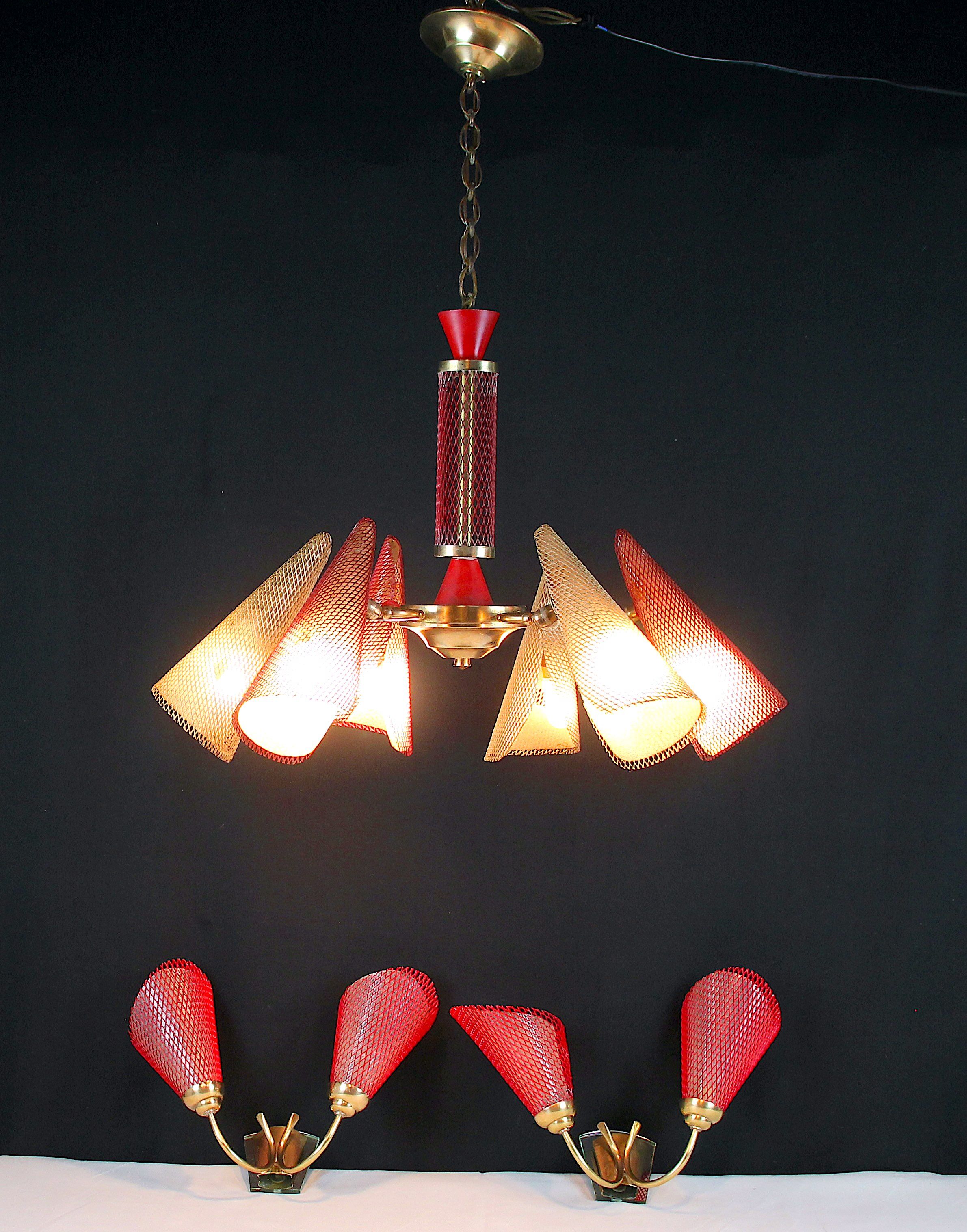 Bi-color chandelier, perforated metal, France Mid-Century