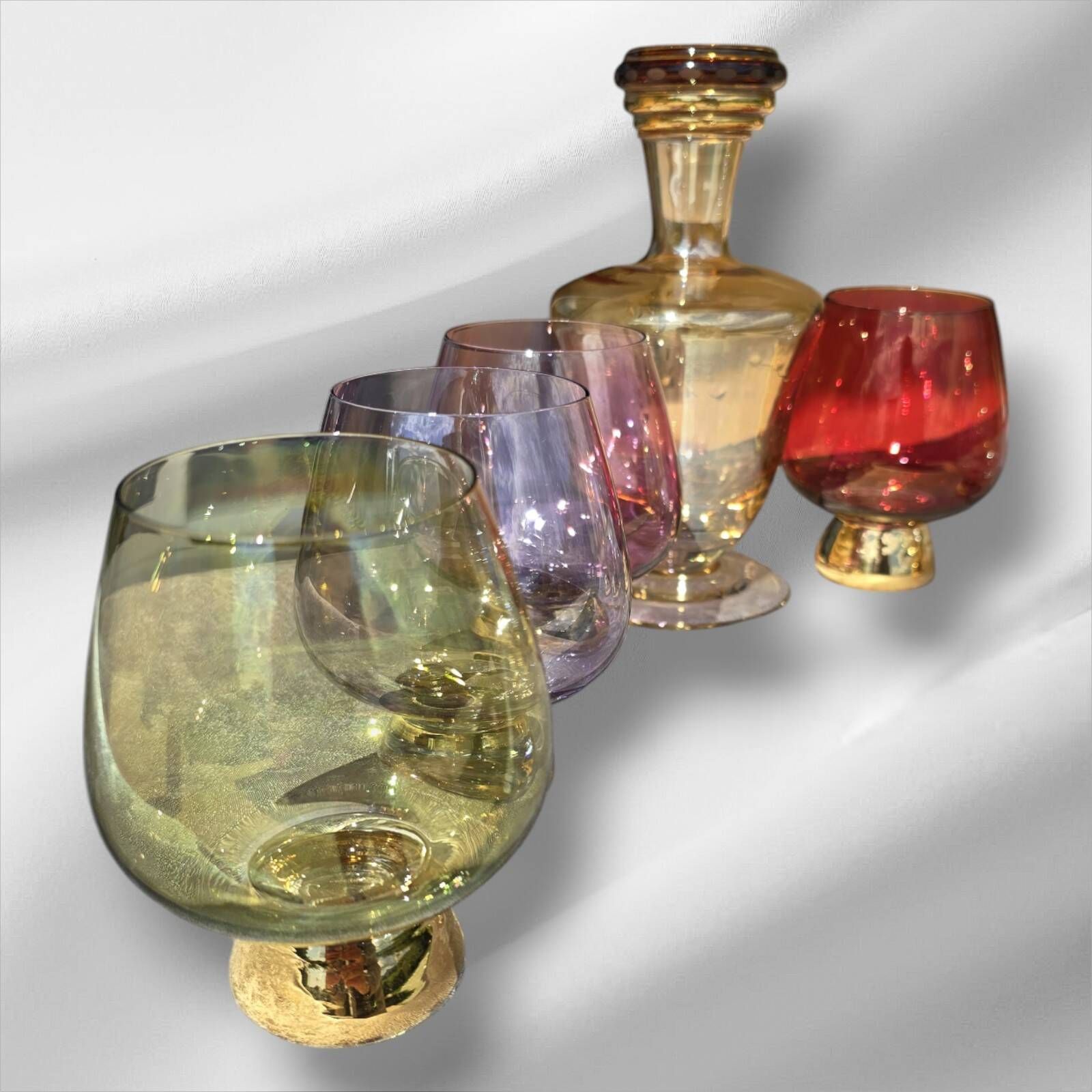 Harlequin liqueur/cognac decanter and 6 glasses, 1950s