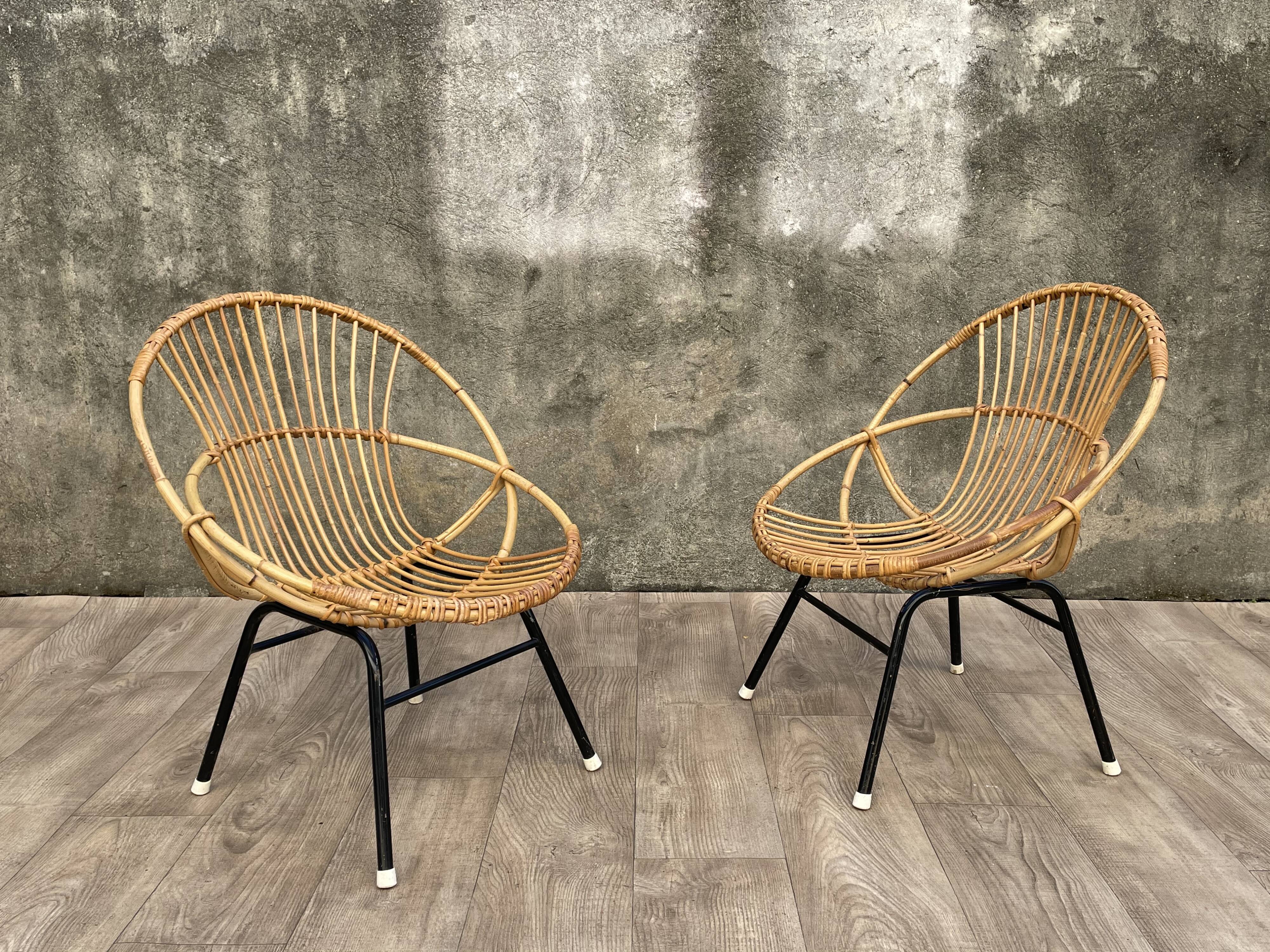 Pair of rattan and metal shell chairs, 1960
